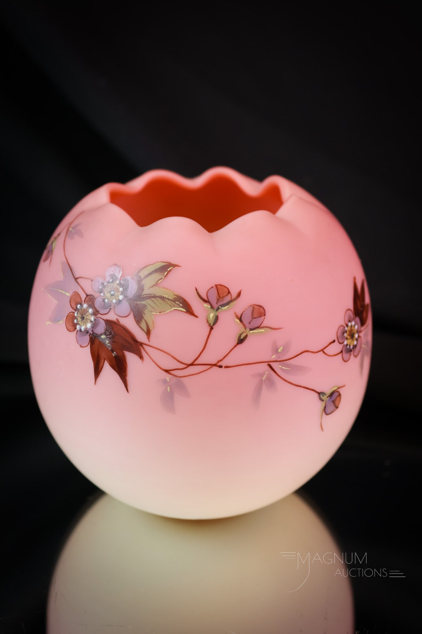 Webb Burmese Decorated Uranium Glass Victorian Rose Bowl: An excellent example of a Webb decorated burmese uranium glass rose bowl. This fine example has perfect coloring and is rich in uranium content. The rose bowl measures 3 1/4" tall. SHIPPING NOTICE: If