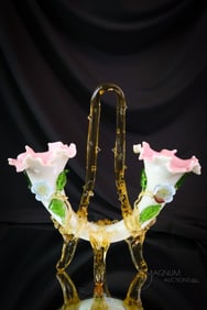 Victorian Uranium Art Glass Cornucopia Applied Glass Double Vase