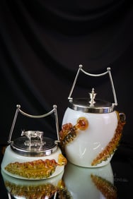 2 pc Lot Victorian Uranium Applied Art Glass Biscuit Jar Sweetmeat