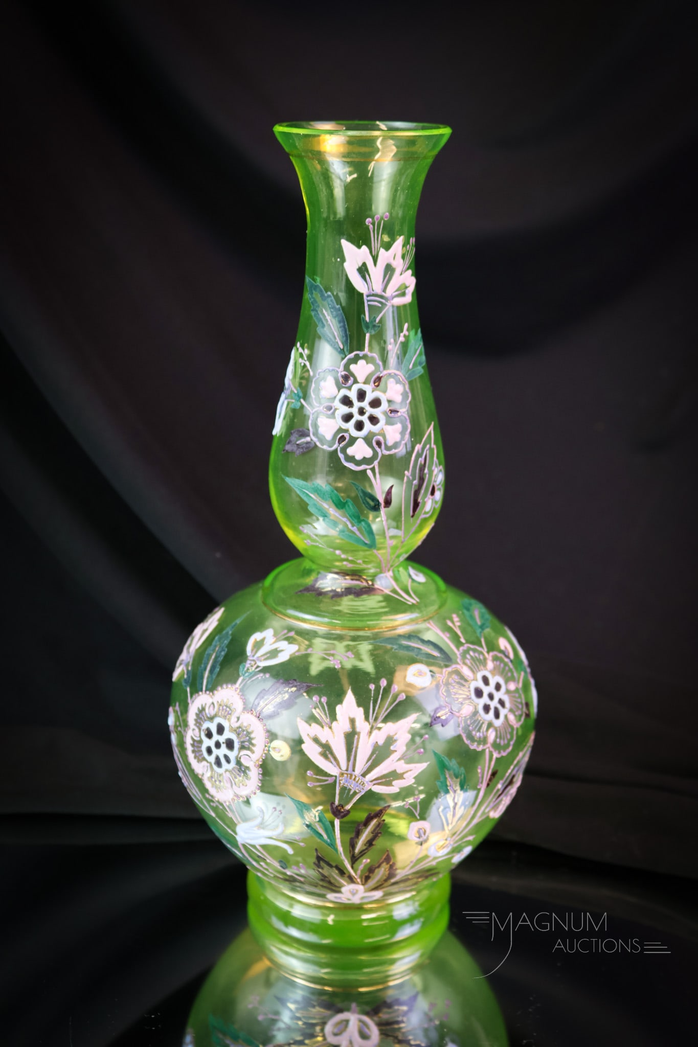 Vaseline Uranium Enameled Victorian Glass Vase: A sleeper in our auction. This fabulous vase just begs for more, and yet we listed it alone to showcase its desirability. This superlative example will be a highlight of the third shelf in your cabine