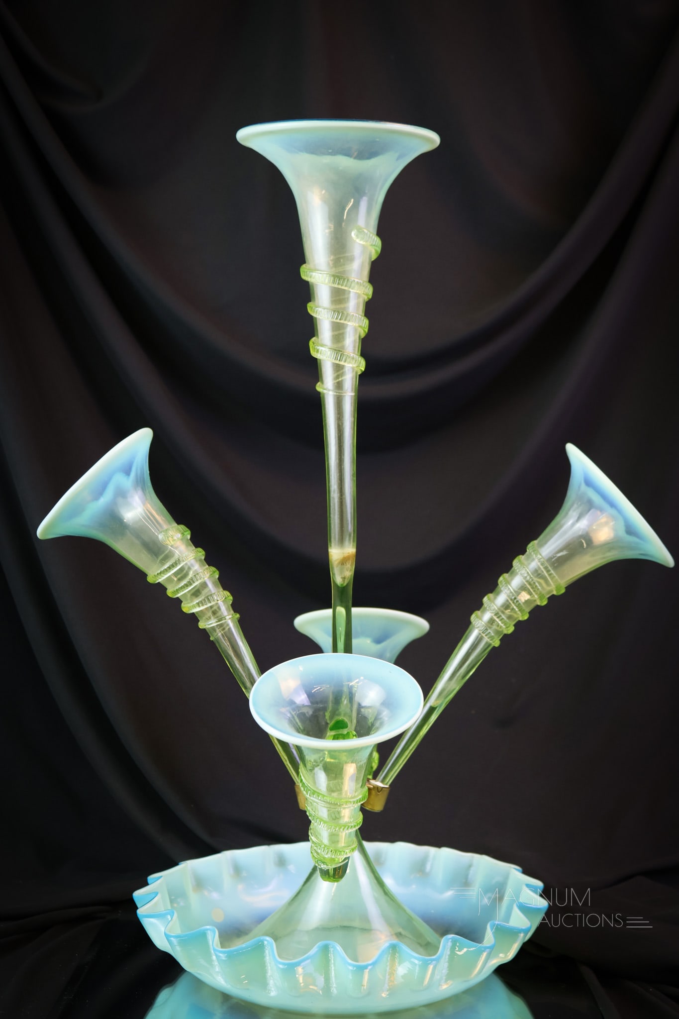 Victorian Aqua Opalescent Vaseline Uranium Glass Antique 21" Epergne: A show-stopping example of a wonderful color combination Victorian antique art glass epergne. This five-horn epergne is made in aqua opalescent vaseline uranium glass. It measures a massive 21" tall a