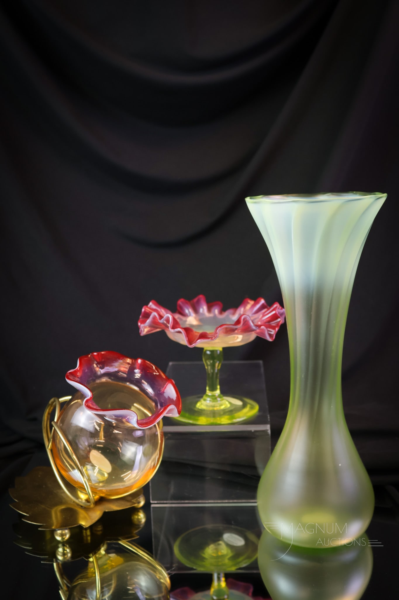 3 pc Lot Amazing Finds in Vaseline Uranium Victorian Glass: This lot is just over the top with beauty, collectibility, and desirability. The lot combines a rubina verde opalescent little compote. A rubina verde opal posey vase in an EPNS gold-toned leaf holder