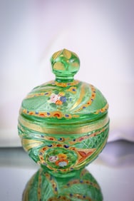 Bohemian Cut Uranium Vaseline Green Art Glass Persian Market 3 3/4" Pomade Jar