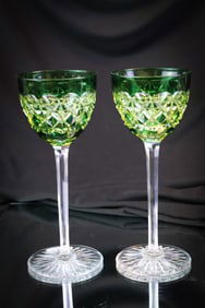 2 pc Lot  Val St. Lambert Vaseline Green Cut Glass Stems