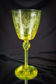 Pairpoint Vaseline Uranium Colias Engraved Glass Water Goblet