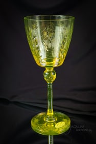 Pairpoint Vaseline Uranium Colias Engraved Glass Water Goblet