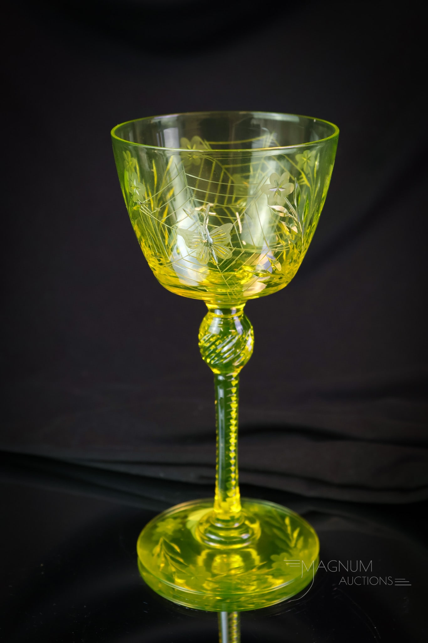 Pairpoint Vaseline Uranium Engraved Glass Colias Cocktail Stem: Another find in our lineup of pairpoint vaseline uranium glass. This is a cocktail stem in rich vaseline uranium glass in the Colias pattern. Are you lucky enough to own one? This fine example measure