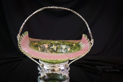 Victorian Silverplate & Moser Vaseline to Pink uranium Enameled Glass Brides Bowl Basket