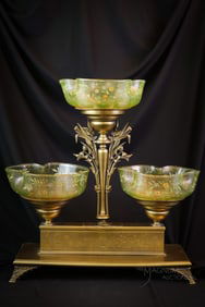 Monumental Triple Vaseline Uranium Cranberry Enameled Glass Brides Bowl Centerpiece