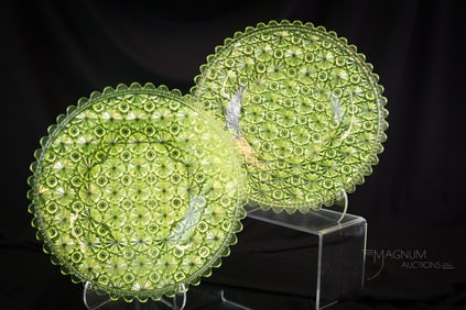 2 pc Lot Vaseline Uranium Glass Daisy & Button Crepe Plates