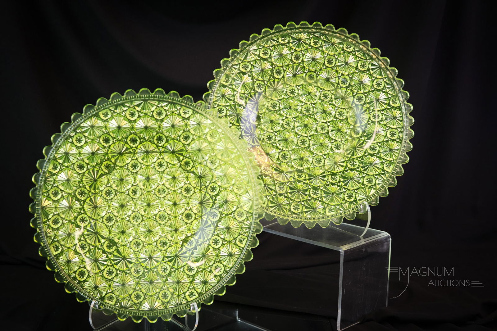 2 pc Lot Vaseline Uranium Glass Daisy & Button Crepe Plates: Two select finds in vaseline Daisy & Button, uranium-rich glass plates. This lot offers not one, but two Victorian crepe plates for your bidding pleasure. Each measures 10 1/4" in diameter. Use the fo