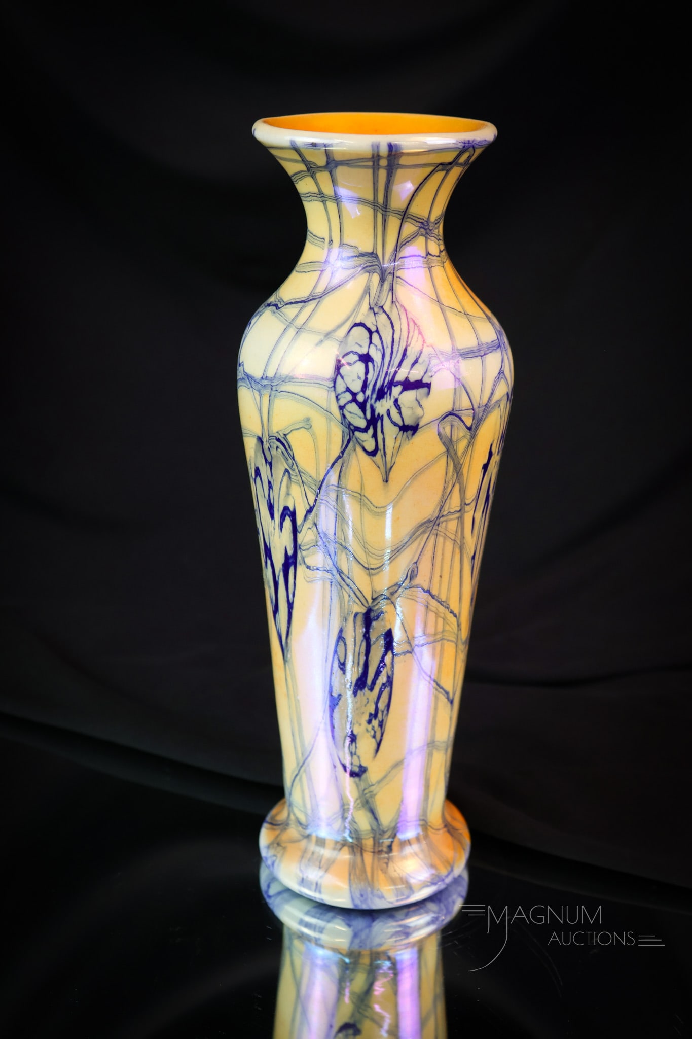 Imperial Freehand Lead Lustre Lily Pads Vase: A gorgeous example of an Imperial Lead Lustre art glass vase. This beautiful example is made in orange with blue Heart & Vine (lilypads) decoration. The vase measures 9 1/2" tall. SHIPPING NOTICE: If 