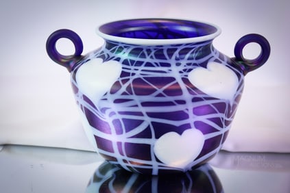 Plate Piece Imperial Freehand Heart & Vine Electric Blue Iridescent Art Glass Handled Vase