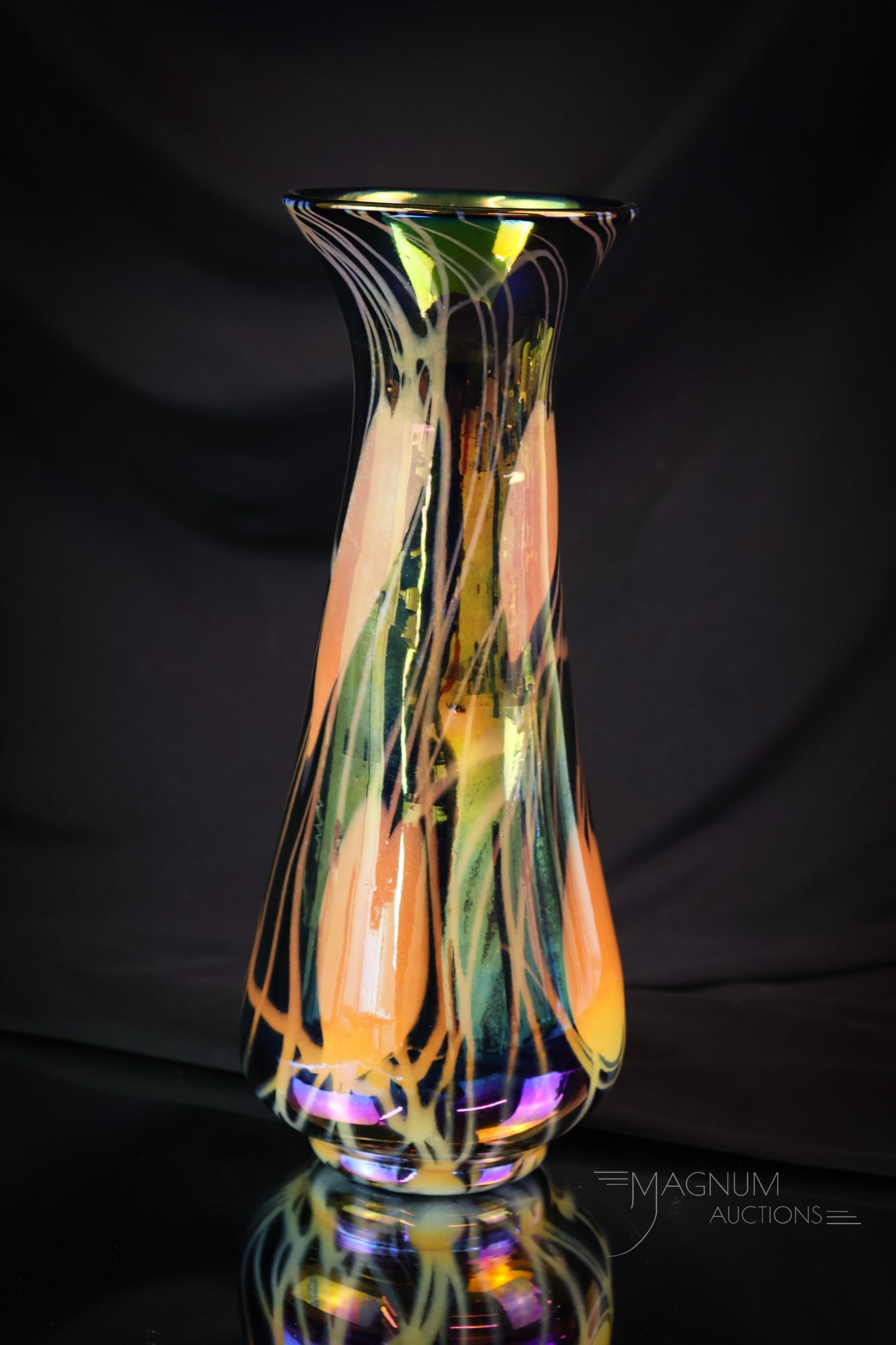 Imperial Freehand Heart & Vine Radium Iridescent 11" Art Glass Vase: Another over-the-top amazing find in Imperial Freehand art glass. This is a blue radium-iridescent finish vase with a peach colored heart & Vine pattern. The vase measures 11" tall. SHIPPING NOTICE: I