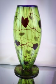 Imperial Freehand Olive Green iridescent Heart & Vine Art Glass Vase