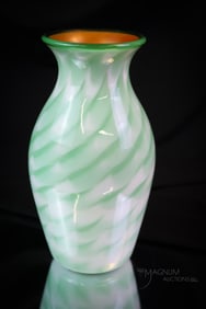 Imperial Freehand Experimental Whimsied Green & White Wave Art Glass Vase