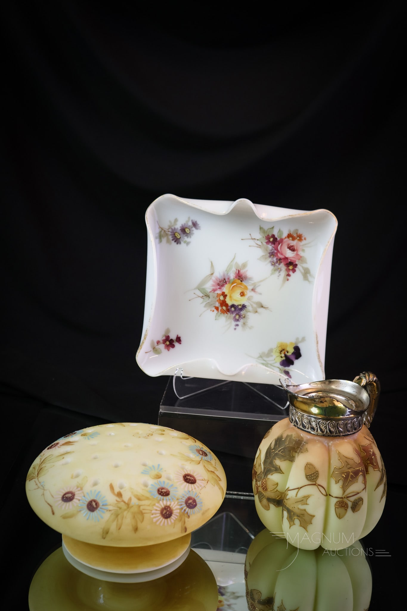 3 pc Lot Mt. Washington Victorian Glass Syrup Pin Tray Flower Frog: Three selections in Mt. Washington glass that are sure to please. This offering includes various finds to delight you. The first is a Colonial Ware line pin tray. The second is a melon-ribbed syrup pi