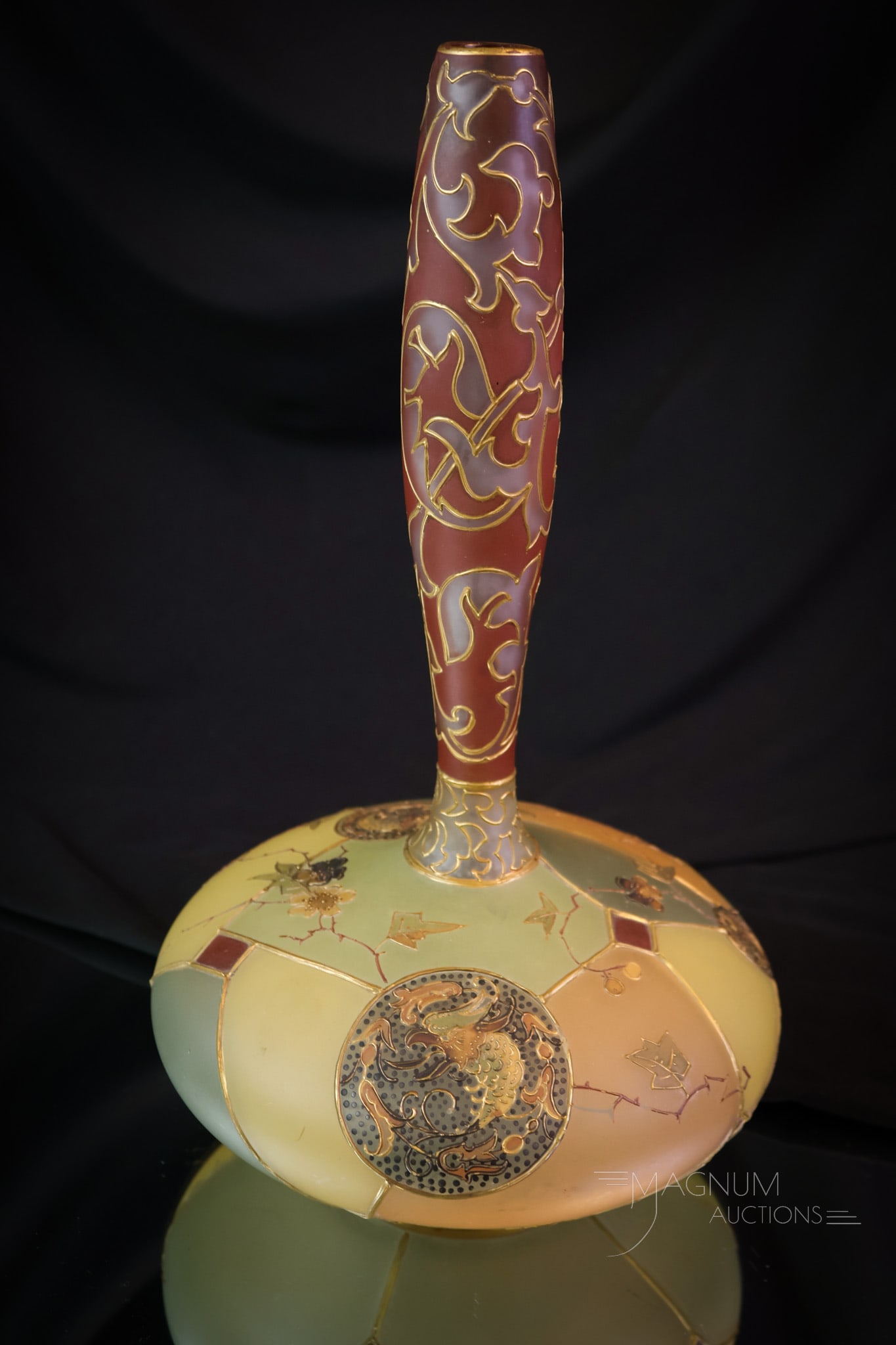 Mt. Washington Genie Bottle Royal Flemish Griffin Art Glass Vase: A classic form for Mt. Washington glass. This genie bottle form lends itself well to the Royal Flemish decoration it bears. This piece is in classic Royal Flemish decoration colors and style. This pie