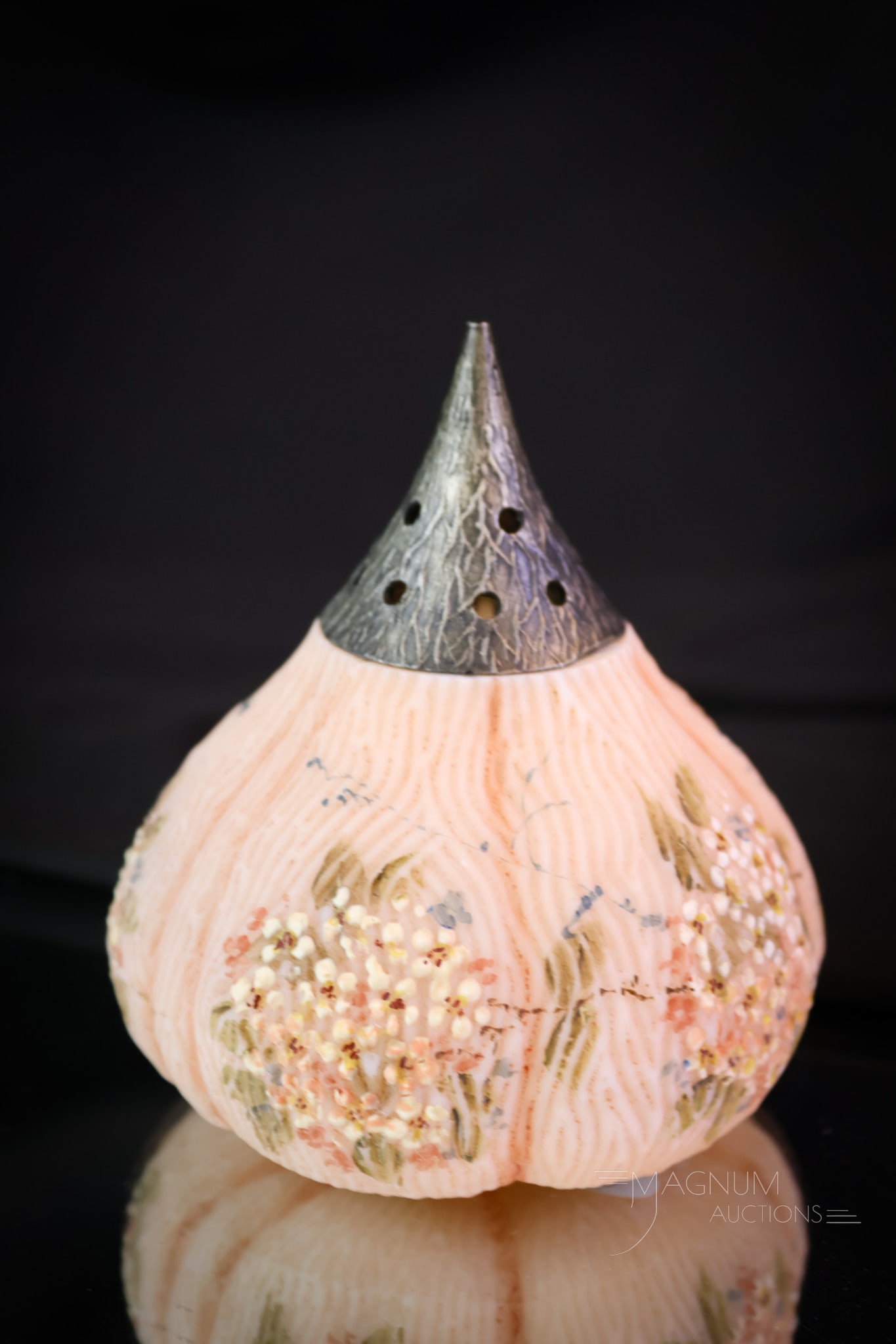 Mt Washington Victorian Fig Decorated Art Glass Sugar Shaker: The salmon color of this Mt. Washington Victorian fig form sugar shaker is lovely. It is further enhanced by delicate hand-painted florals around the body. The shaker measures 4 1/2" tall and 3 1/2" w