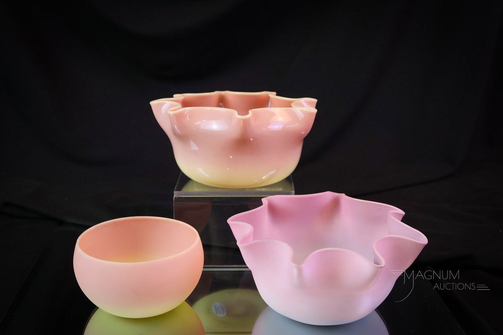 3 pc Lot Mt. Washington Victorian Peachblow & Uranium Burmese Art Glass: Three nice finds in perfectly colored Victorian Mt. Washington art glass. This lot combines two pieces of uranium-rich burmese glass and one piece of scarce peachblow. Each piece is a little different