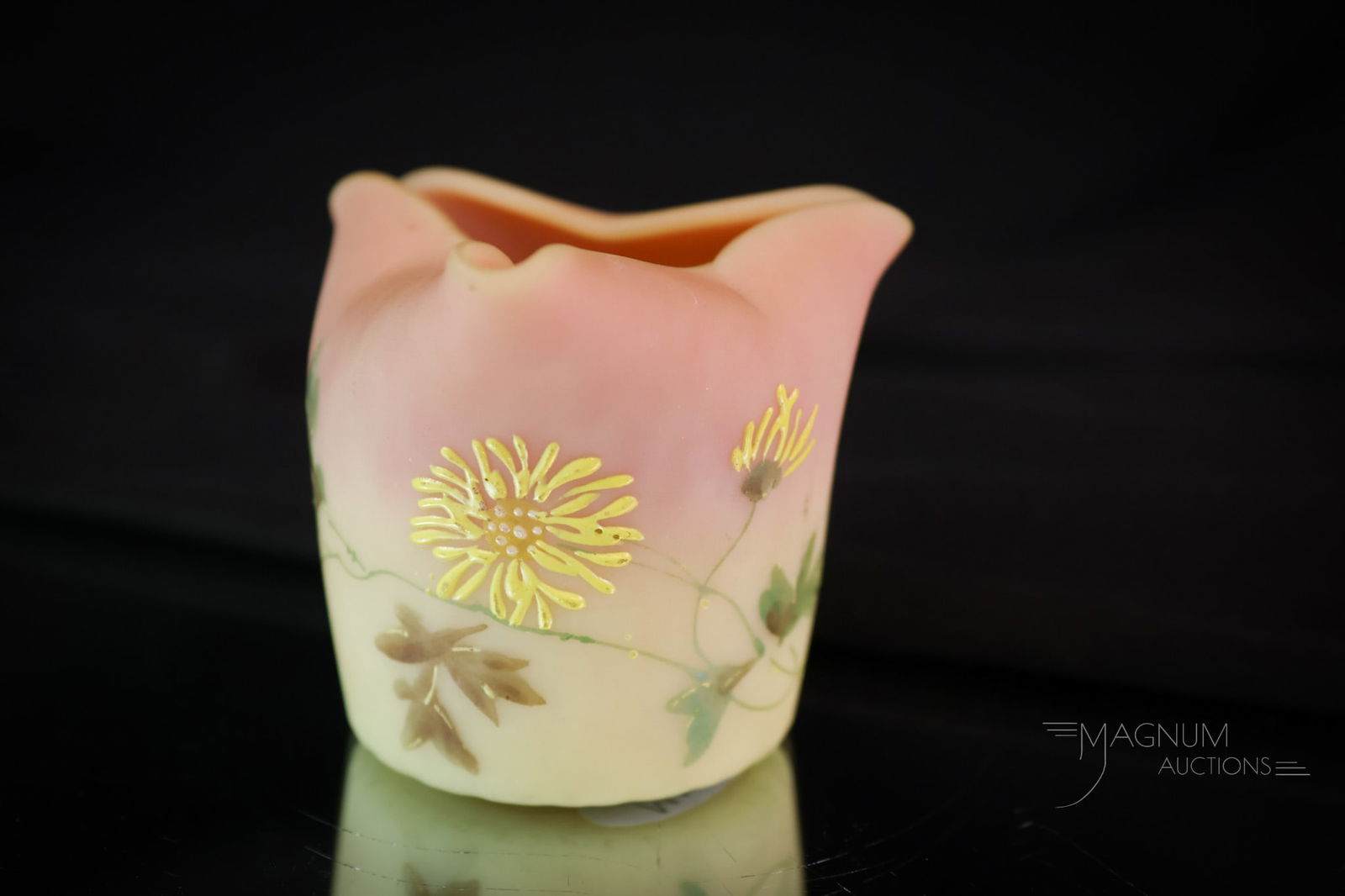 Mt. Washington Victorian Burmese Uranium Art Glass Decorated Toothpick Holder: The color and decoration on this toothpick holder are perfect. Yellow and white Fuji mums and foliage adorn this little Mt. Washington Glass toothpick holder of the Victorian era. The uranium-rich bur