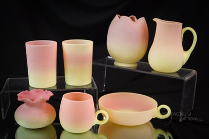 7 pc Lot Mt. Washington Uranium Burmese Victorian Art Glass
