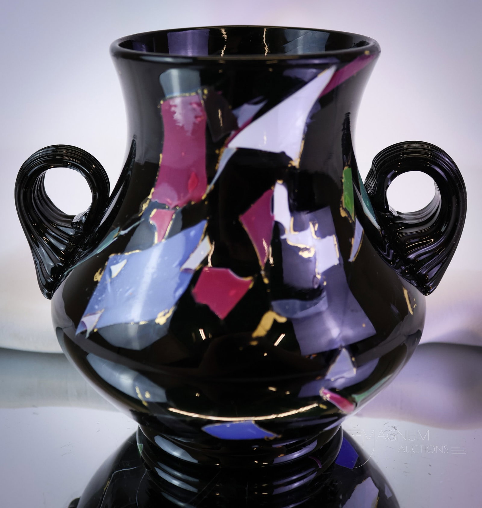 Mt. Washington Victorian Sicilian Ware Lava Art Glass Vase: A wonderful find in Victorian Mt. Washington glass. This Sicilian ware was one of their earliest art glass lines. This piece has a great array of colored shards in the glass. This gem is small in stat