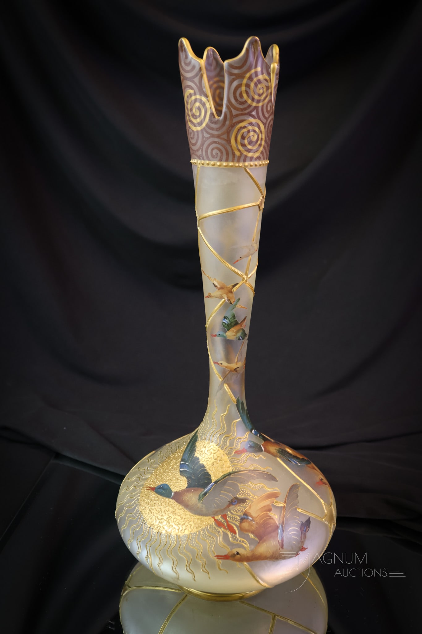 Mt. Washington Guba Duck Royal Flemish Victorian 13" Art Glass Vase: A wonderful piece of Mt. Washington art glass. This piece is in their Royal Flemish line. It is decorated with a paddling of ducks by artist Frank Guba. A wonderful and large example, this vase measur