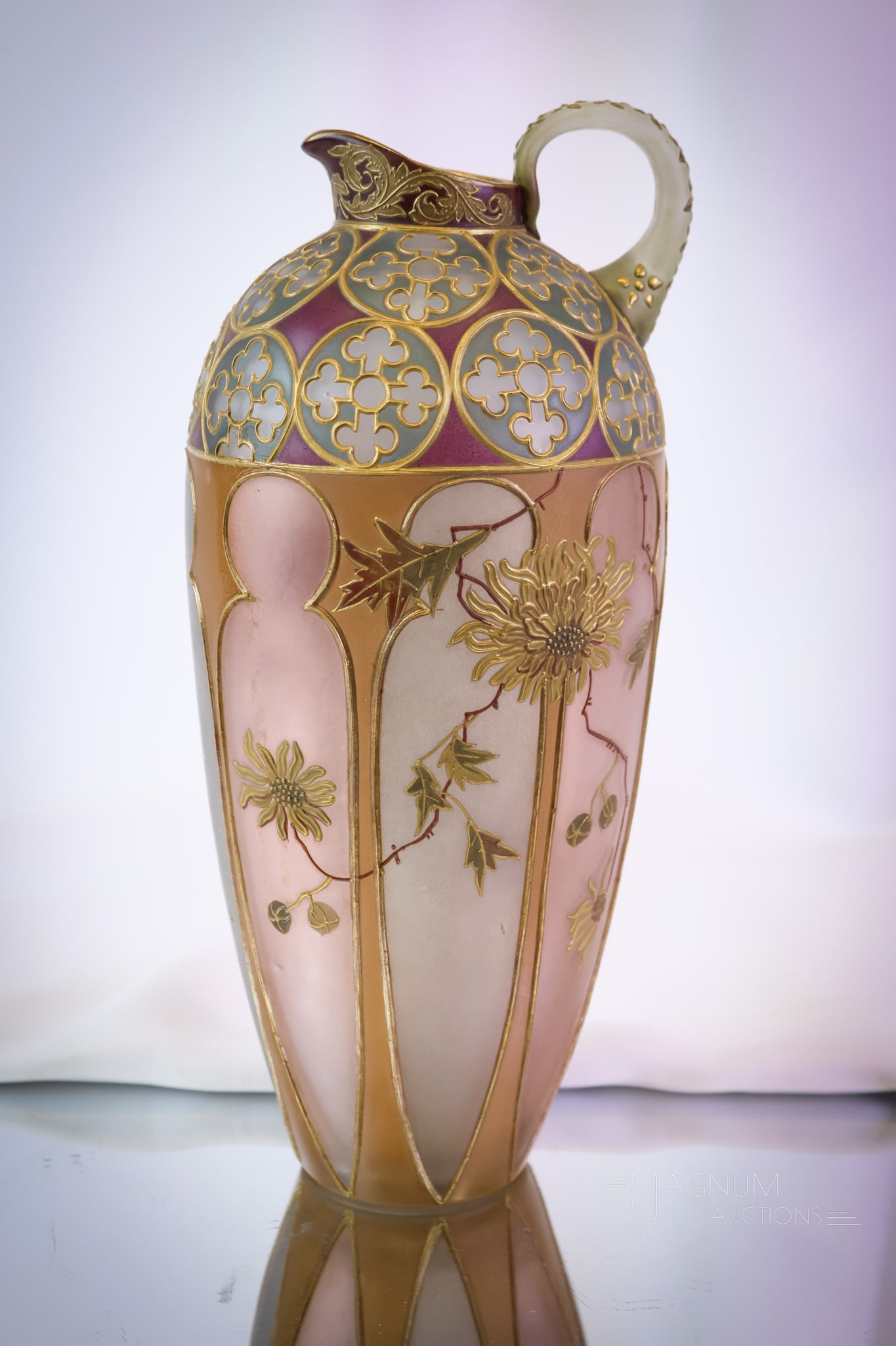 Mt. Washington Victorian Royal Flemish Art Glass Pitcher 12" Ewer: A Mt. Washington Royal Flemish Victorian 12" Ewer pitcher. This is an amazing piece of American art glass at its finest. The colors of this piece and the form are incredible. This piece is a welcome a