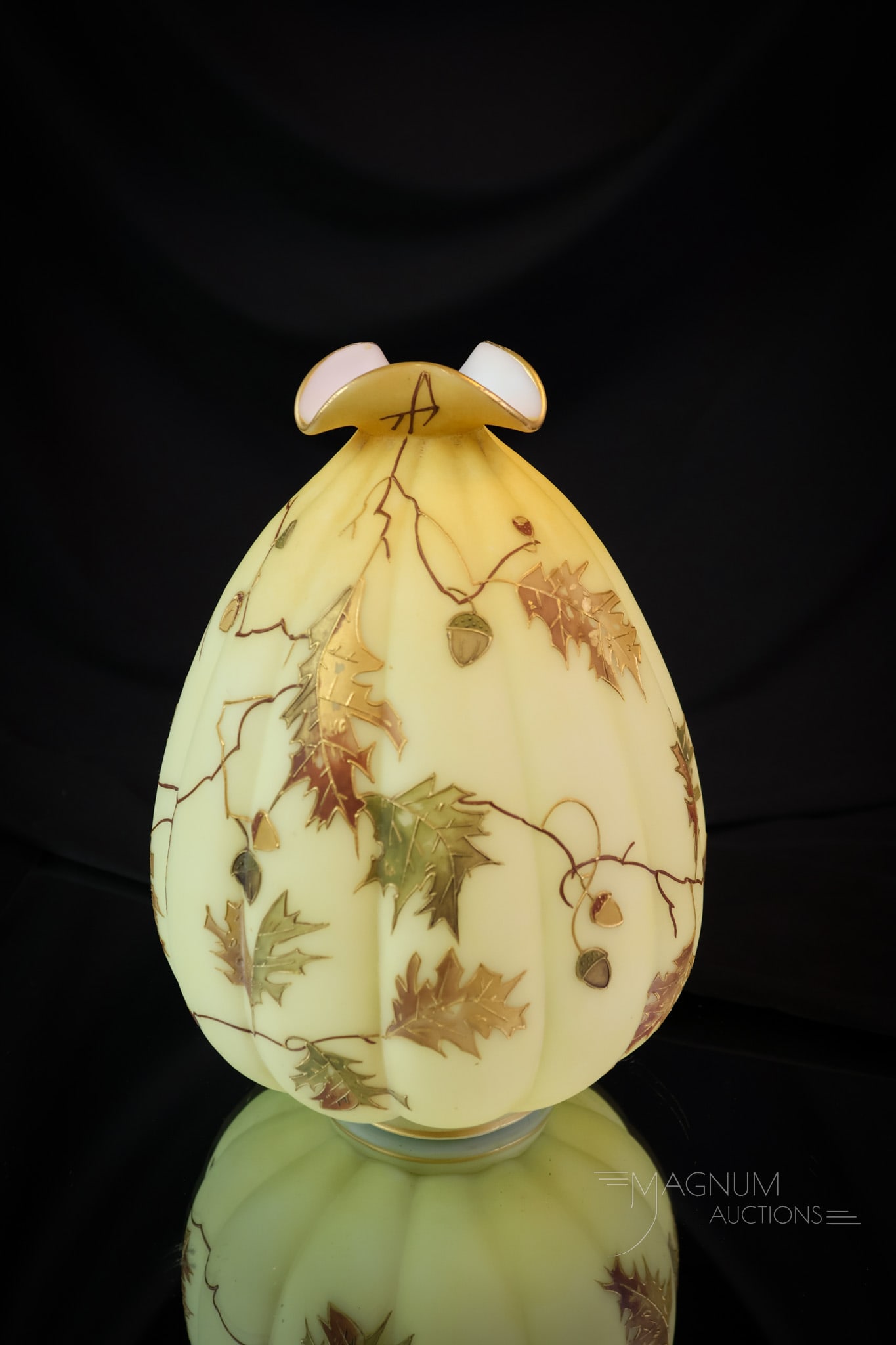 Mt. Washington Victorian Crown Milano Art Glass Oak Leaf & Acorn Vase: A masterfully decorated piece of Victorian Mt.Washington Art Glass. This lobed-form body vase is in their Crown Milano line. It has decoration of gilt oak leaves and acorns around the body. The vase m