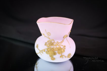 Mt. Washington Peachblow Victorian Art Glass Gilt Toothpick Holder As-is