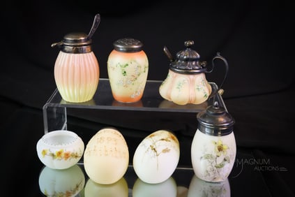 7 pc Lot Mt. Washington Victorian Glass Shakers & Mustards Uranium Burmese & More