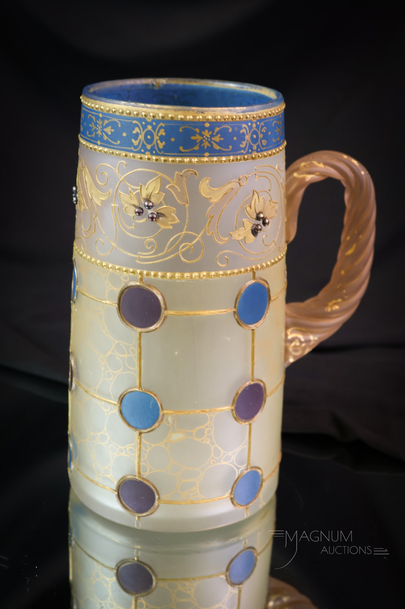 Rare Mt. Washington Victorian Art Glass Stein: A very rare find in Mt. Washington Royal Flemish Art Glass. This is a stein in wonderful coloring. This piece is not only a rare form but has beautiful coloring to it. There are colors of blue and mag