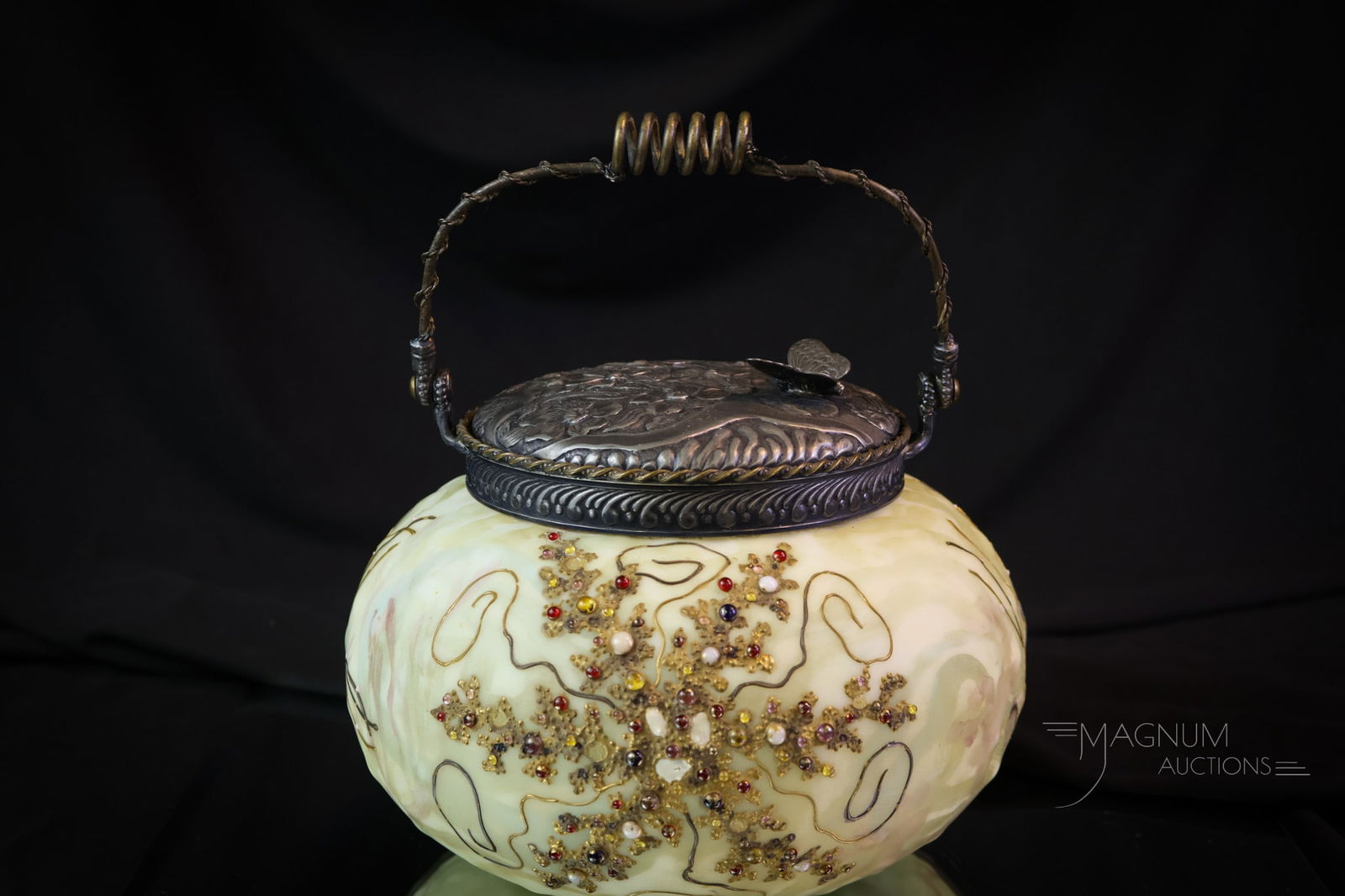Mt. Washington Crown Milano Victorian Art Glass Starfish Biscuit Jar: A beautiful find in Mt. Washington Crown Milano Art Glass. This is a biscuit jar in their Crown Milano line. It is decorated with starfish. Each is adorned with applied cabochon jewels and built up en