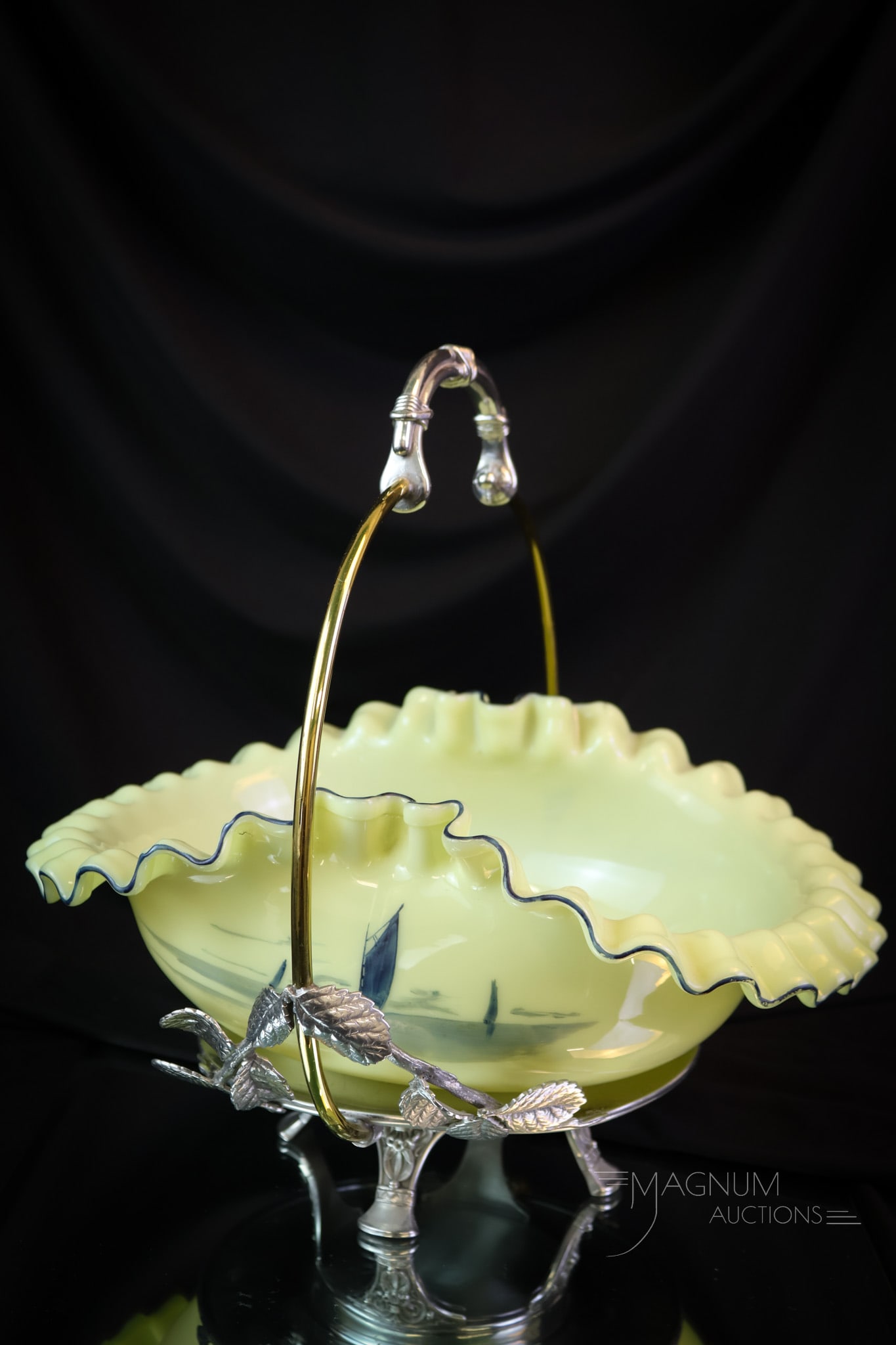 Mt. Washington Delft Uranium Burmese Glass Meriden Silverplate Brides Bowl basket: Here's a striking piece for the Mt. Washington and the Shiner collector alike! This unfired burmese glass Mt. Washington bowl lights up under black light. Vasies and Uranies, take note of this fine pi