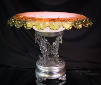 Van Bergh Silverplate Victorian Salmon & Vaseline Enameled Brides Bowl Centerpiece