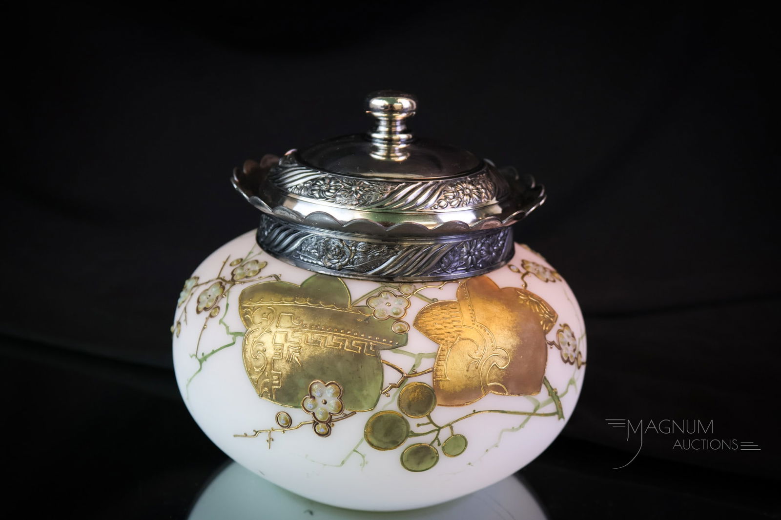 Mt. Washington Victorian Art Glass & Silverplate Potpourri Jar: A rare find in Victorian art glass. This piece is attributed to Mt. Washington Glass. It has wonderful Aesthetic Movement decoration. The piece is found complete with the original silverplate mounting