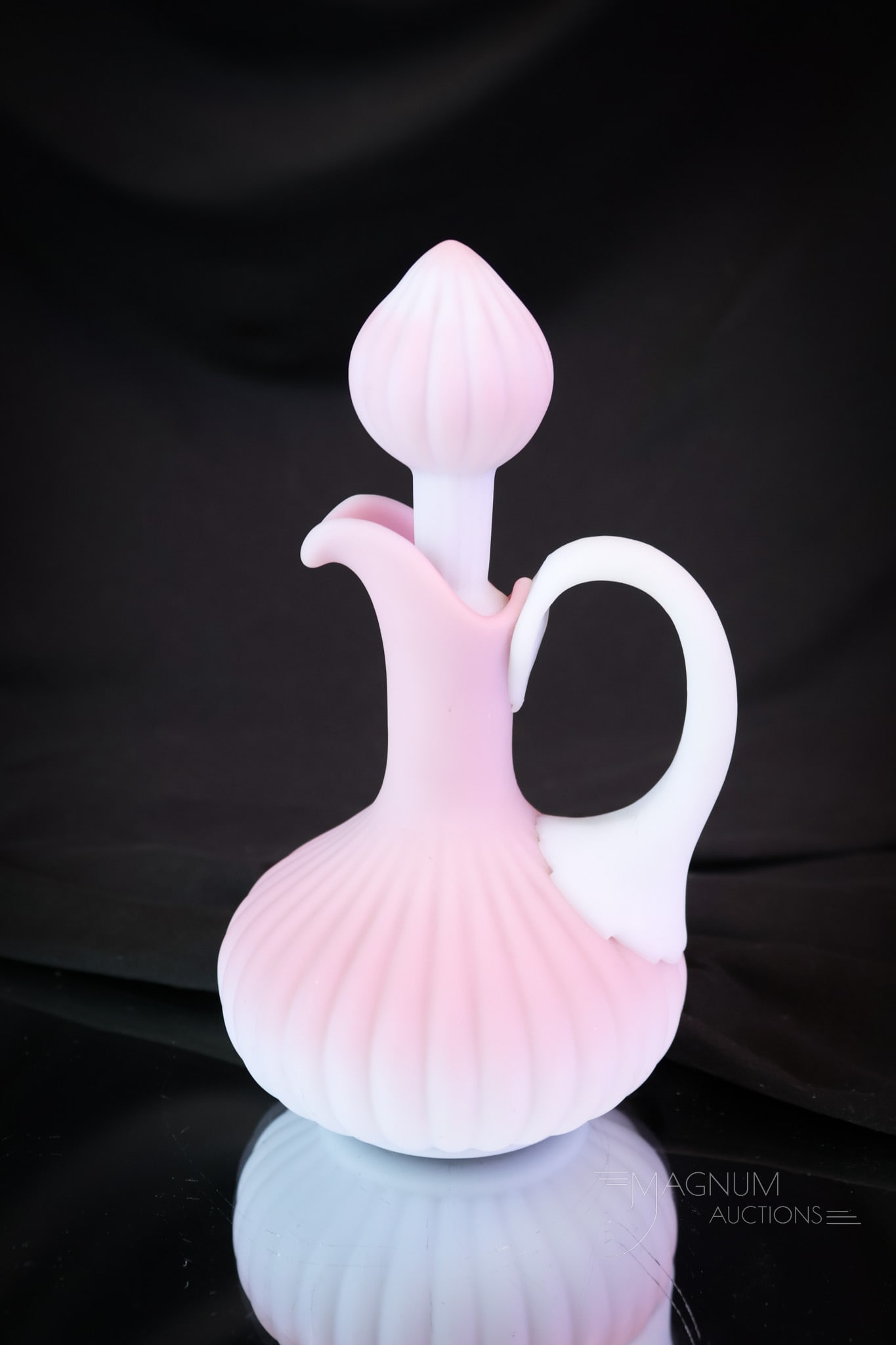 Scarce Mt. Washington Victorian Peachblow Art Glass Cruet: A scarce find in Victorian Mt. Washington Glass. This is a ribbed peachblow glass cruet. It is complete with the original stopper. This fine example has probably the best coloring we have seen. Make w