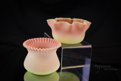 2 pc Lot Mt. Washington Uranium Burmese Victorian Art Glass