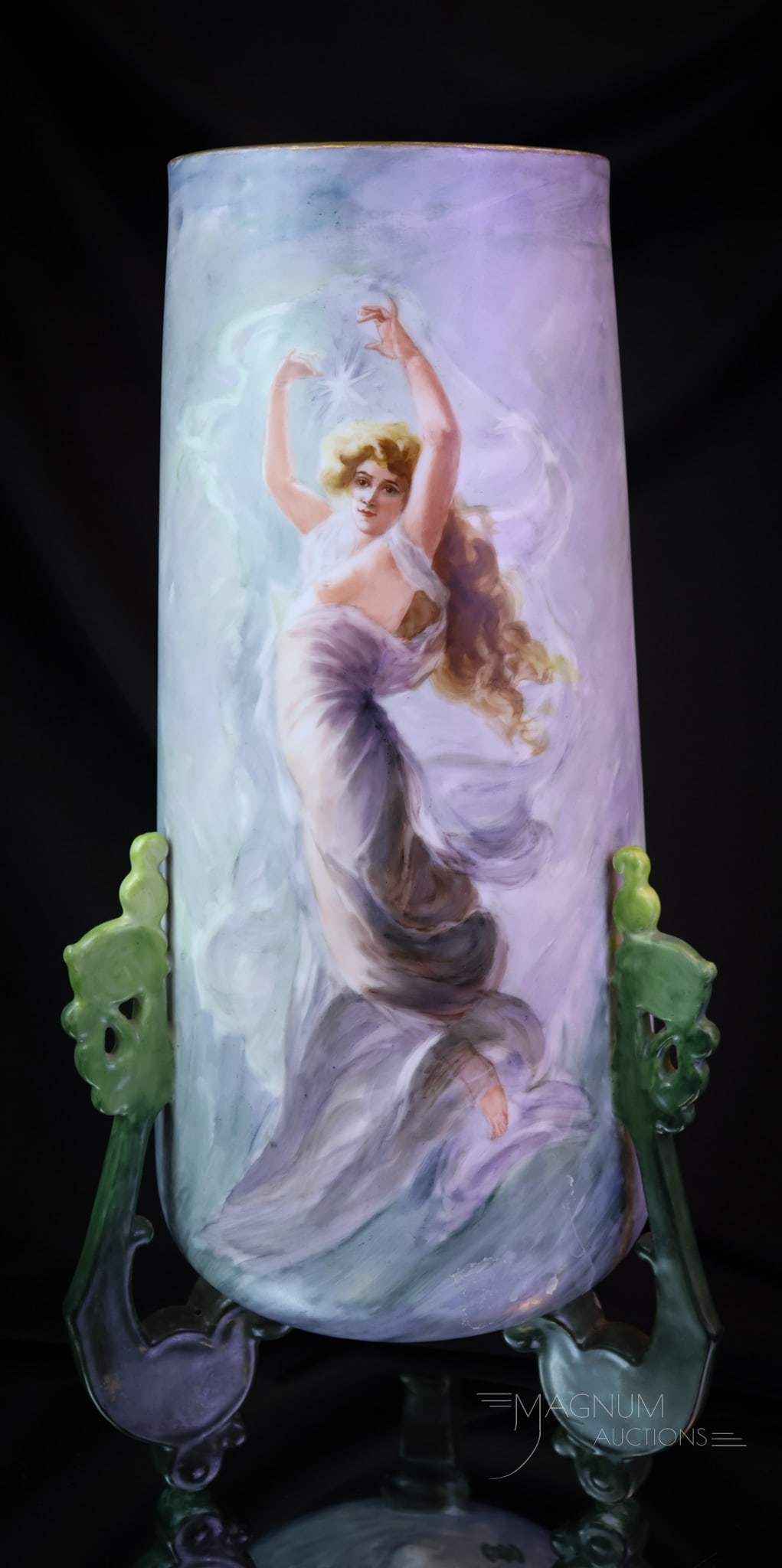 W & Co. Limoges Art Nouveau Hand Painted Porcelain 14 1/4" Vase: A wonderful W & Co. Limoges porcelain hand-painted vase. This large piece measures a whopping 14 1/4" tall and 7" wide. The lady is in an alluring pose. Lovely piece with three unusual legs. SHIPPING 