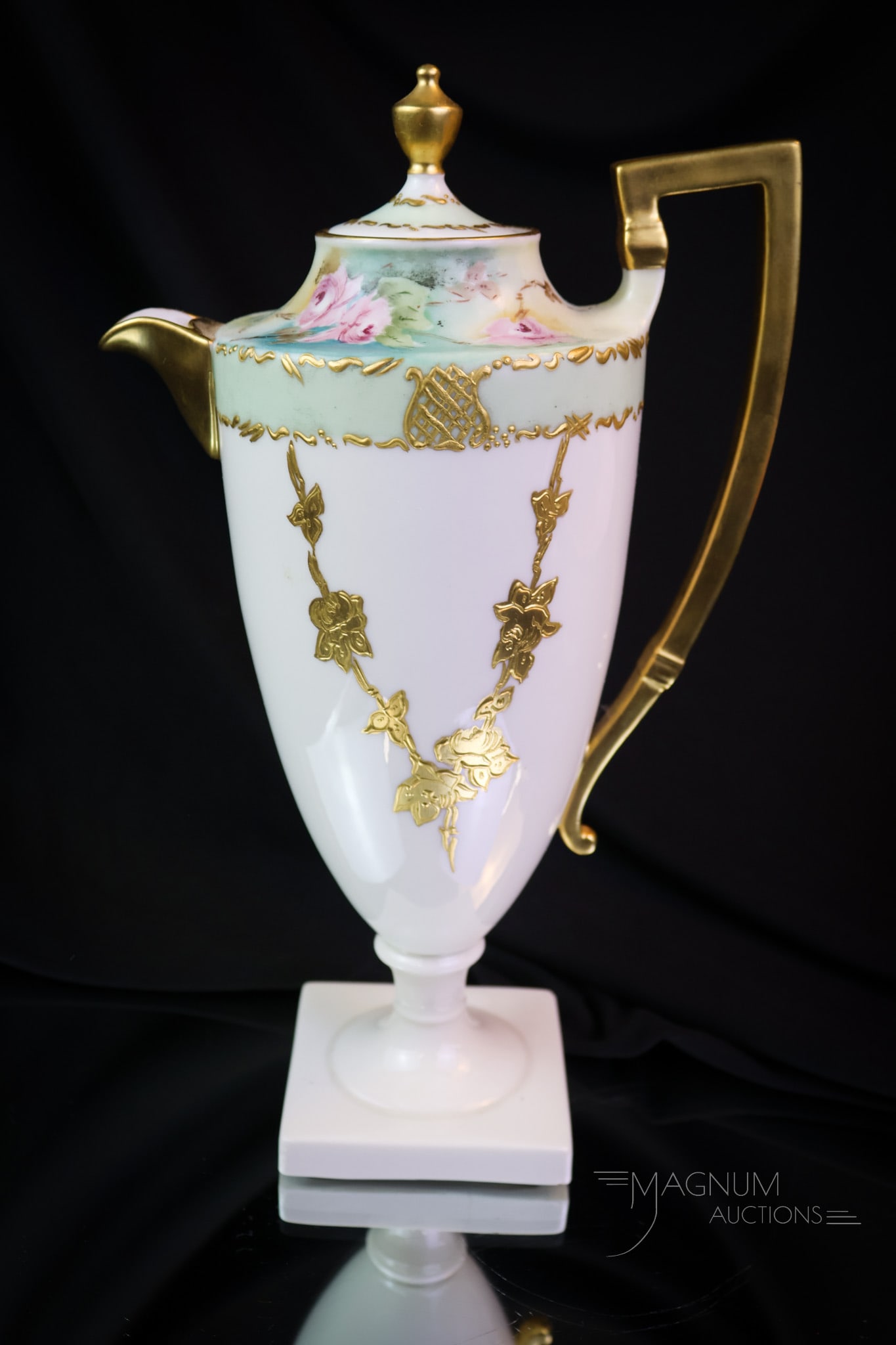 Lenox Belleek Roses & Gold Hand Painted Porcelain Teapot: A beautiful find in hand-painted Belleek porcelain. This is a teapot with an abundance of roses and gold decoration. A classic, elegant form. This piece measures 10 1/4" tall. SHIPPING NOTICE: If you
