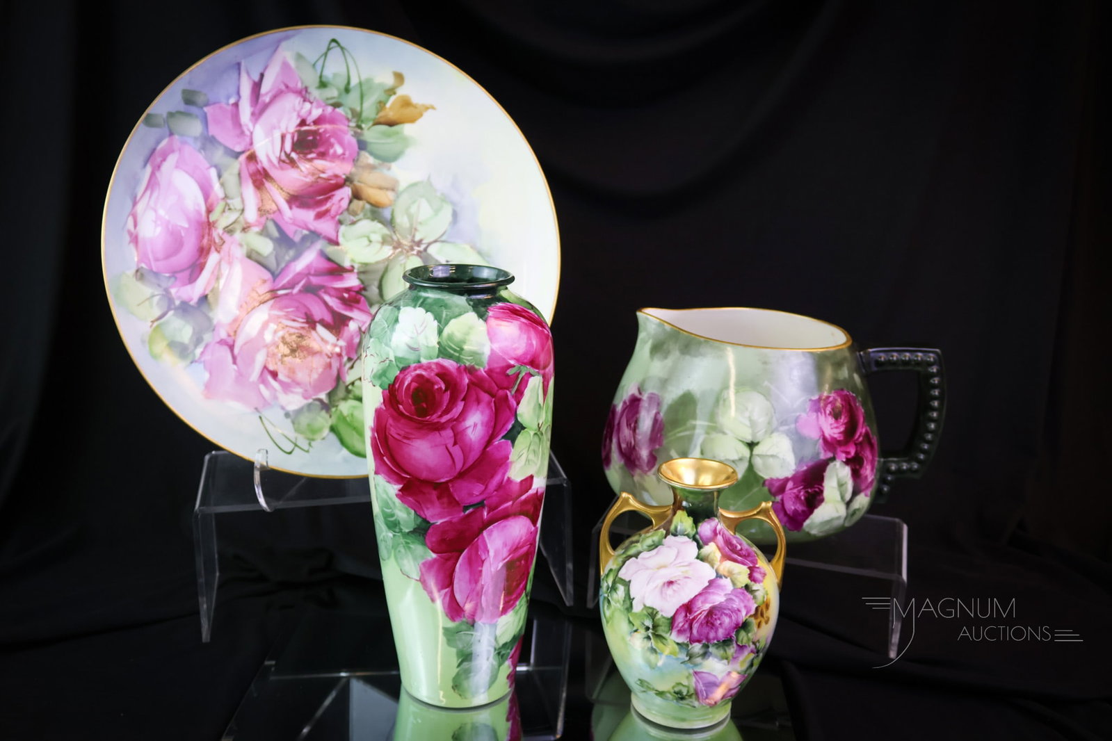 4 pc Lot Roses Hand Painted Porcelain Germany & American Belleek: Four nice finds in hand-painted porcelain with rose decoration. This lot includes two vases, a cider pitcher, and a plate. The pitcher is marked American Belleek. The plate is marked Germany. The tall