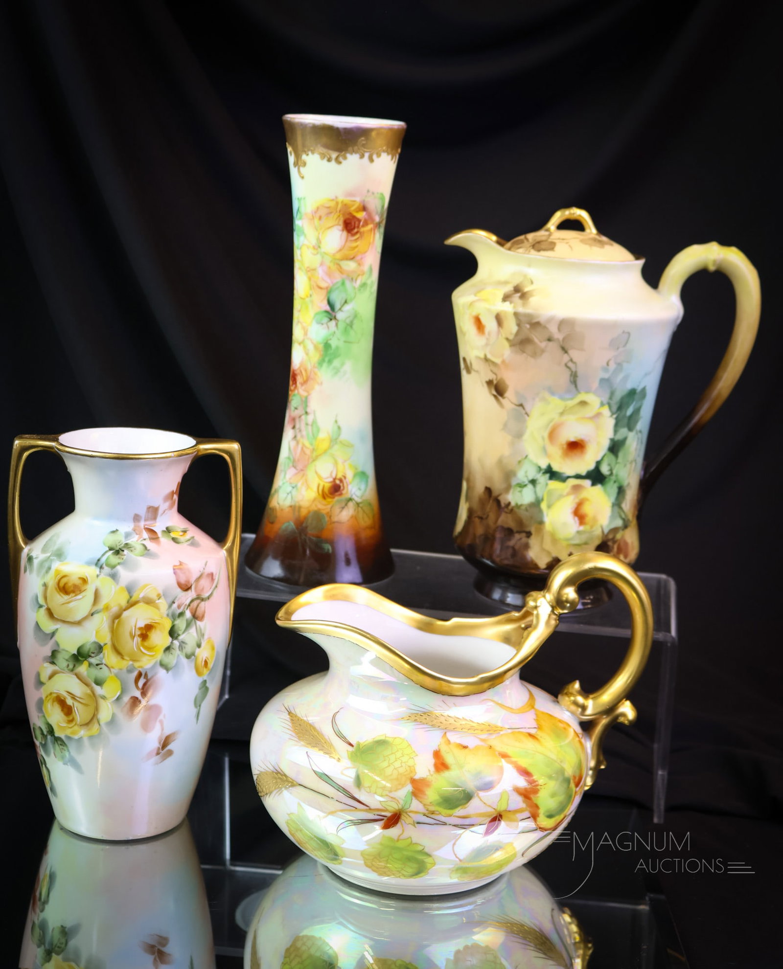 4 pc Lot Hand Painted Roses Porcelain Haviland Austria Pickard & More: Four distinct finds in Roses & more decorated hand-painted porcelain. This lot includes examples by MZ Austria, Pickard, Limoges, and Haviland. Each is lavbishly decorated with gold and a bounty of ro