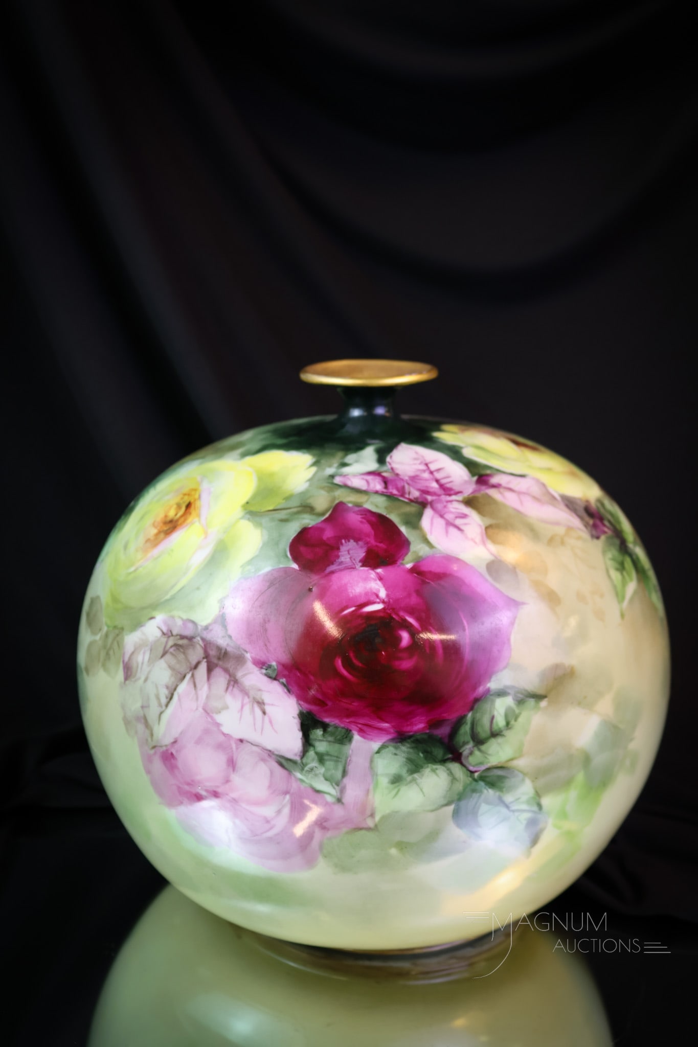 Unmarked Lenox Belleek Rose Hand Painted Porcelain 9 1/4" Vase: A classic form for Belleek. This vase is unmarked Lenox Belleek. It measures 9 1/4" tall and 9" wide. It is gorgeously decorated with roses around the body and a gilt rim. A masterpiece of hand-painte