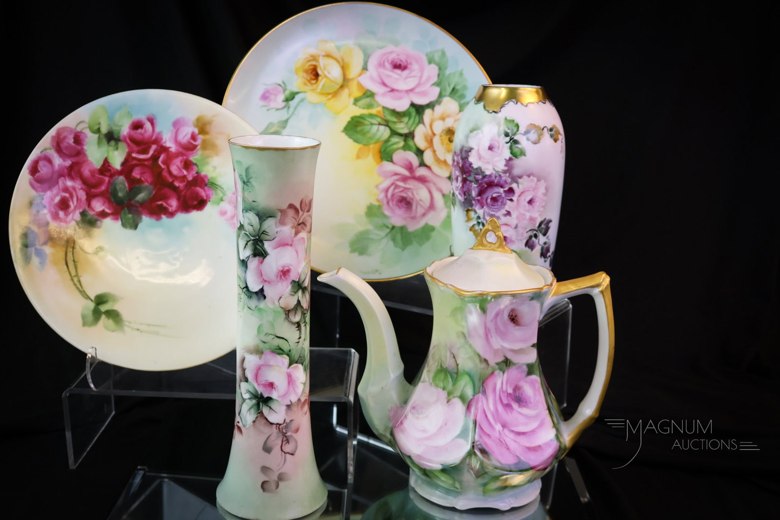 5 pc Lot Rose Hand Painted Porcelana: This bounty of hand-painted porcelain is lavishly decorated with wonderful garden roses in full bloom. Five pieces of desire make up this fine offering. The tallest measures 10". Makers such as Rosent