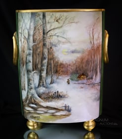 W.G. & Co. Limoges France Hand Painted Swans & Winter Scene Cache Pot