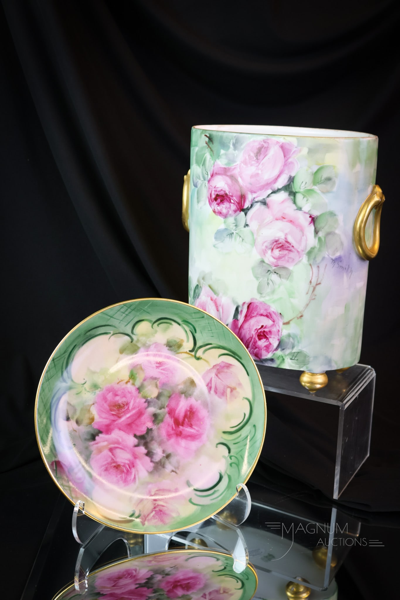 2 pc Lot Roses Hand Painted Porcelain Cache Pot & More Limoges Bavaria: Two selections that are sure to please. This lot offers a W.G. & Co. Limoges, France cache' pot along with a marked Bavaria plate. The tallest measures 9 1/4". SHIPPING NOTICE: If you choose not to ut