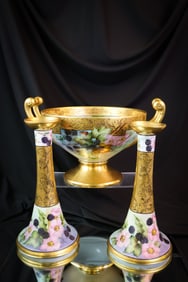 3 pc Lot Hutchenruether Console Set Blackberry Hand Painted Porcelain