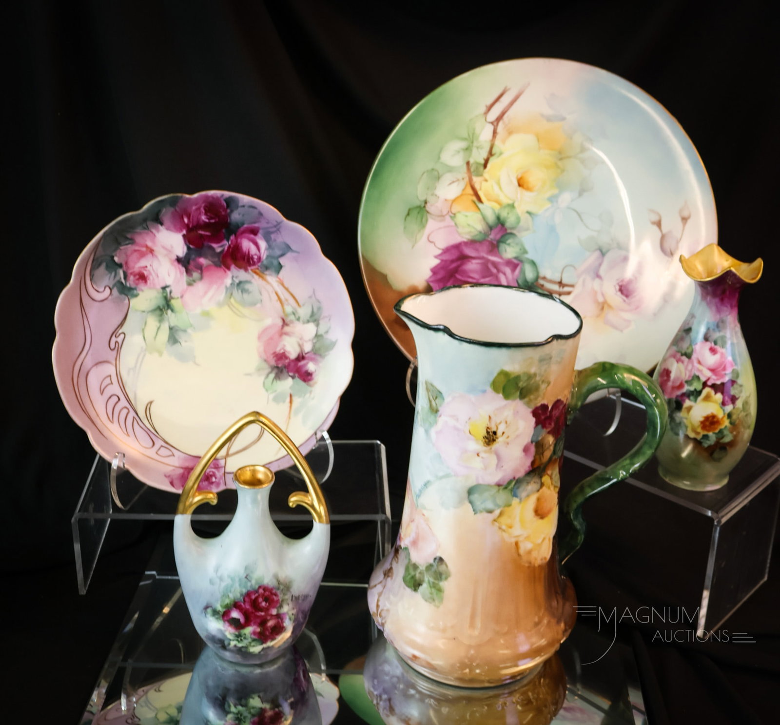 5 pc Lot Roses Hand Painted Porcelain: A culmination of beauty is found in this lot of hand-painted rose-decorated porcelana. This lot combines various forms and makers. Each is a beauty to behold. The tallest measures 9". SHIPPING NOTICE: