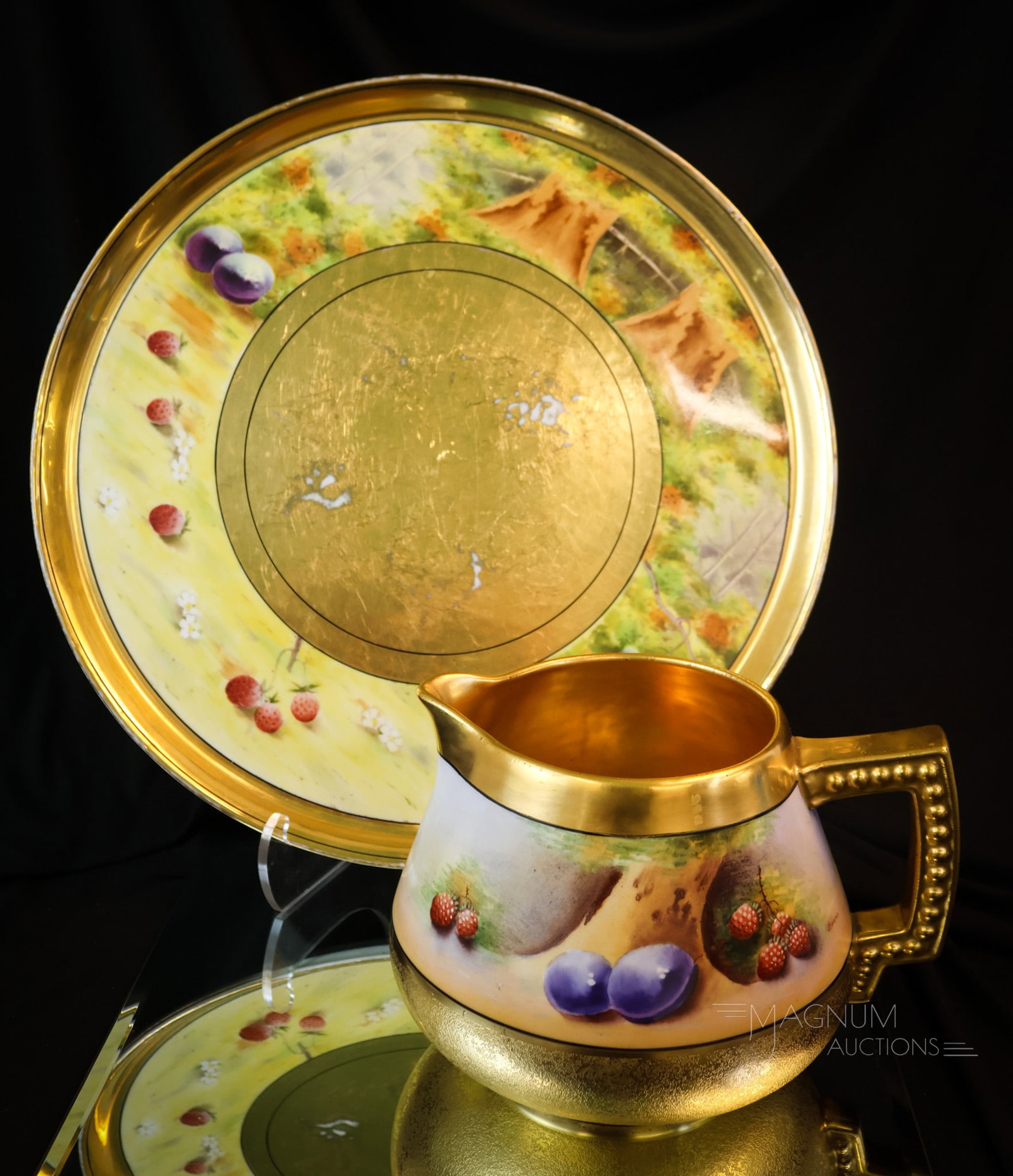 2 pc Lot Pickard Germany & Limoges Osborne Porcelain: two fine examples of collection-enhancing porcelain. This lot has a cider pitcher along with a large, round tray with the same decoration. The pitcher is signed Osborne and Germany on the base. The tr